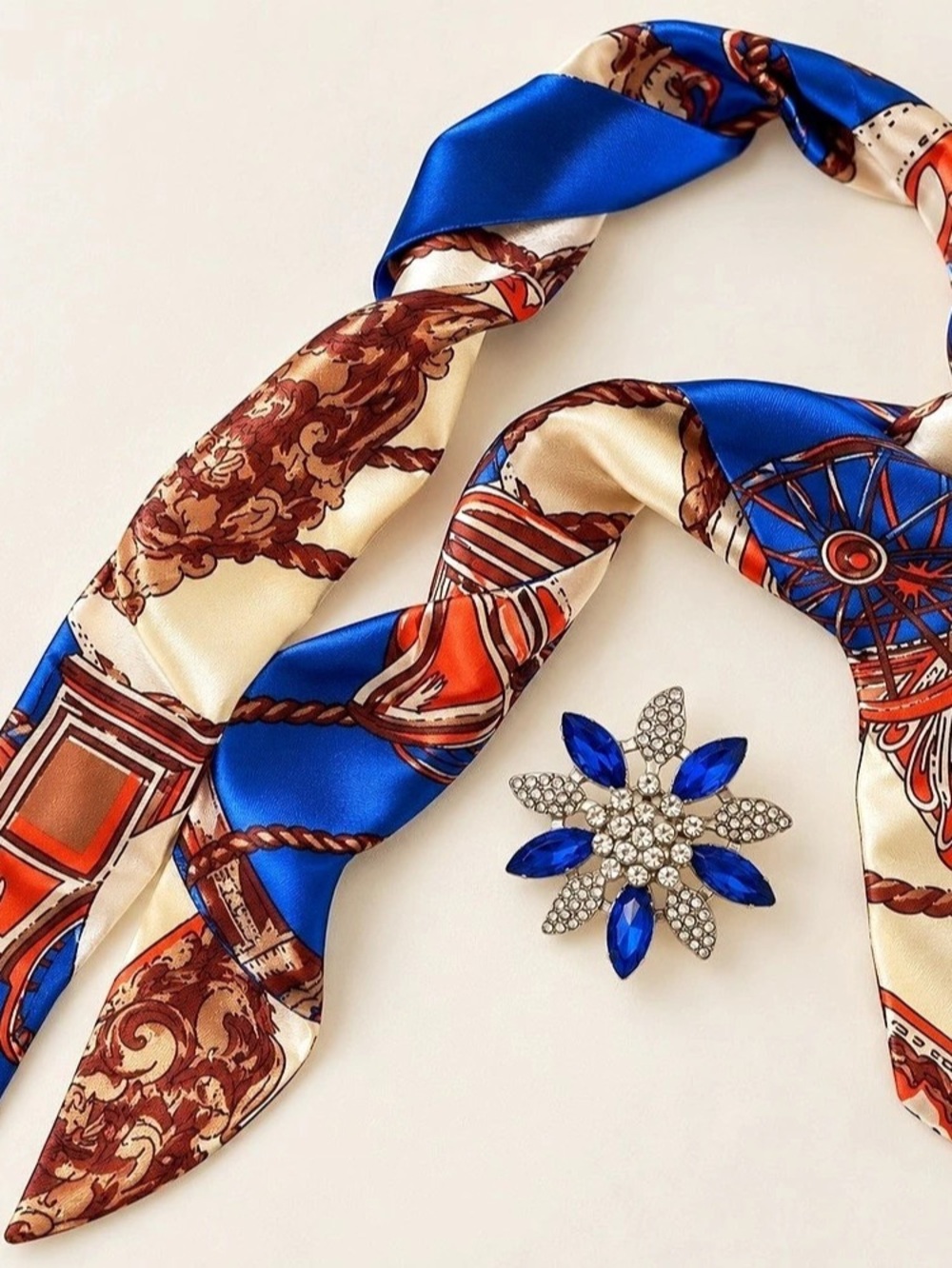 Royal Blue Printed Scarf & Blue Rhinestone Flower Brooch Set